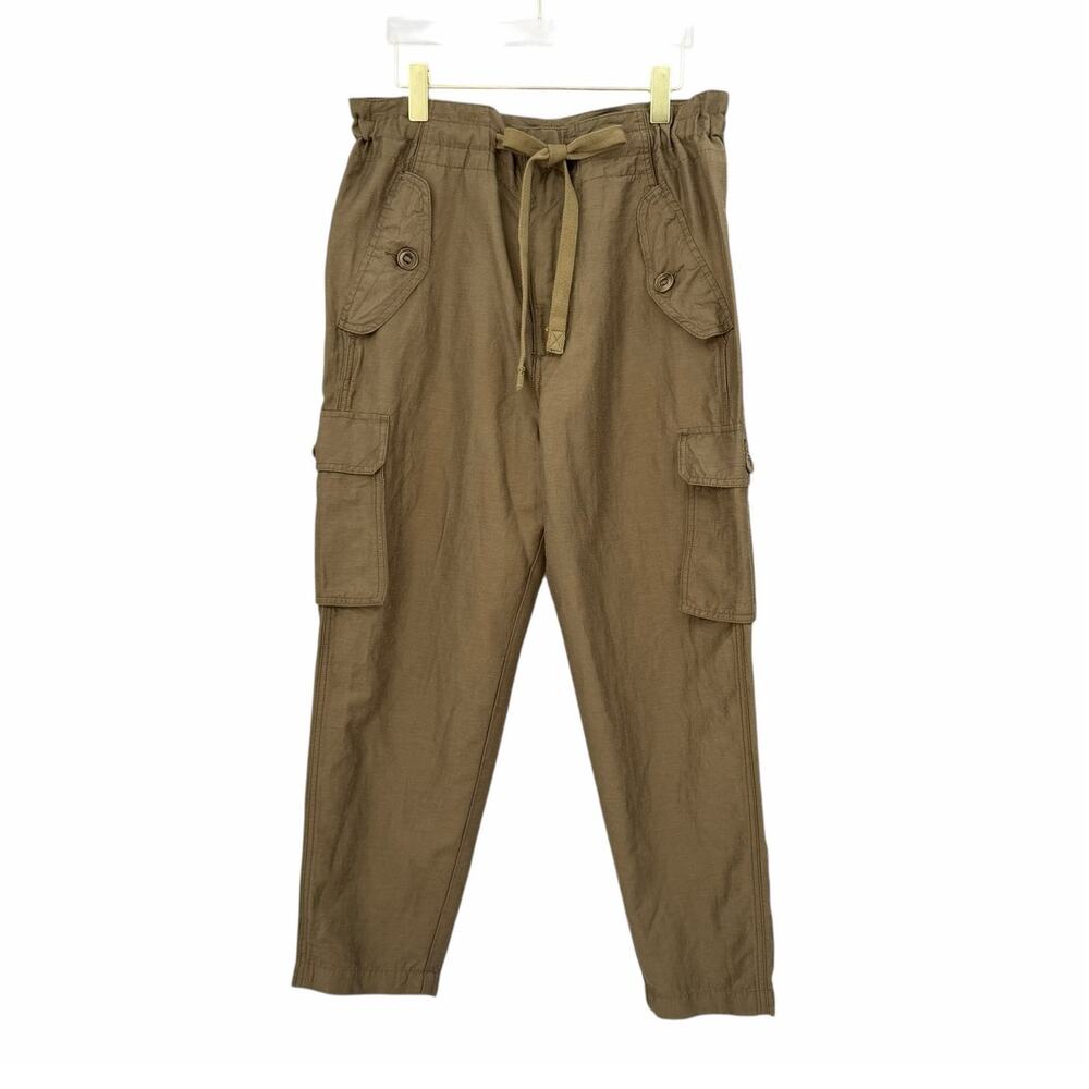 Vince NWT Brown Natural Linen Cotton Blend Drawstring Side Pockets Combat Pants